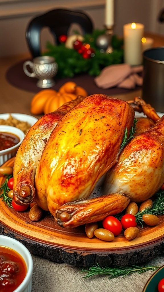 A succulent roasted beer-brined turkey with herbs on a wooden platter, surrounded by festive side dishes.
